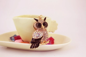Close-up of golden owl keychain with sparkling rhinestones and black enamel detail