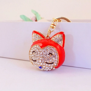 Creative red cartoon fox head keychain with sparkling rhinestones and gold lobster clasp