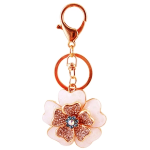 Floral shell peony keychain with rose gold plating and sparkling crystal rhinestones