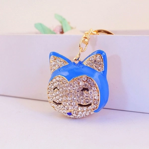 Cute blue fox keychain with sparkling crystals and gold hardware for car keys and bags