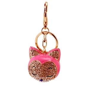 Creative rose pink fox head keychain with gold plating and sparkling crystals