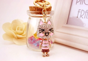Detailed macro of sparkling rhinestone encrusted cat keychain with pink enamel accents