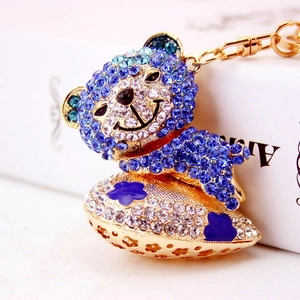 Sparkling crystal bear keychain with blue rhinestones and gold alloy base for women's bags