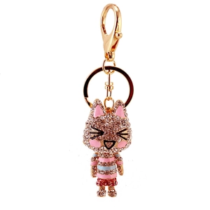 Porte-clés chat mignon serti de strass avec détails roses et fermoir mousqueton doré
