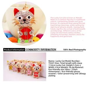 Macro view of rhinestone lucky cat keychain showing 5.5cm height and colorful crystals