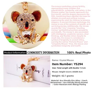 Detail view of crystal mouse keychain with gold alloy base and Czech rhinestones in macro