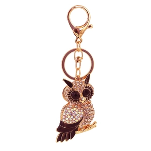 Sparkling crystal owl keychain with iridescent belly and gold lobster clasp for women