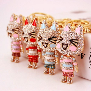 Cute Rhinestone Kitten Keychain Creative Alloy Cat Animal Bag Hanging Charm For Women Girls Gift Cartoon Car Key Ring
