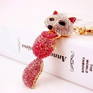Porte-clés renard créatif avec cristaux roses et pendentif animal en métal doré chic