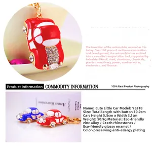 Detailed view of rhinestone beetle car keychain made of zinc alloy in red and blue colors