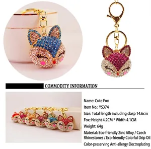 Macro detail of fox animal keychain showing colorful rhinestones and sparkling pearls