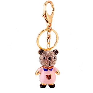 Porte-clés ours mignon avec robe en émail rose et cristaux de strass étincelants