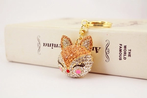 Detailed close-up of a sparkling fox keychain with orange and white rhinestones