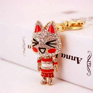 Sparkling crystal cat keychain with red stripe clothing and gold lobster clasp hook