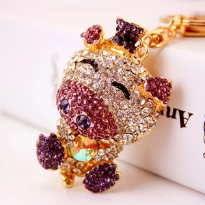 Creative crystal pig keychain with pink rhinestones and iridescent gem on gold alloy ring