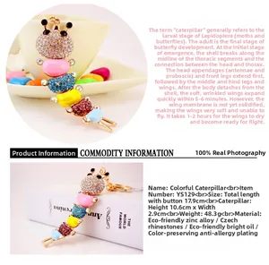Detailed view of a colorful caterpillar keychain featuring sparkling rhinestones and zinc alloy