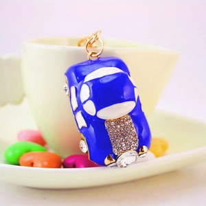 Cute blue enamel car keychain with sparkling crystal rhinestones and golden metal ring