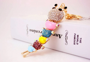 Detail view of colorful caterpillar keychain with sparkling rhinestones and gold alloy plating