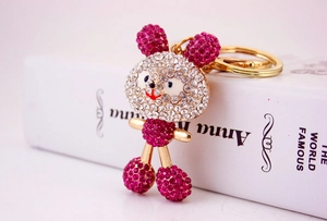 Detailed macro of crystal-studded rabbit keychain with golden base on a book