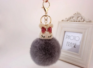 Détail d'un porte-clés lapin mignon avec pompon en fausse fourrure grise et tête d'ours
