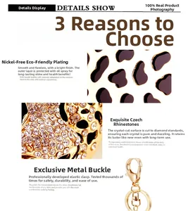 Detail view of leopard print keychain with sparkling Czech rhinestones and gold plating