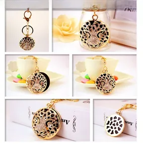 Detailed close-up of golden leopard head keychain with rhinestones and black enamel spots