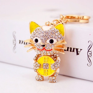 Portachiavi gatto della fortuna dorato con cristalli e strass per decorazione borsa