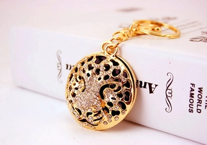 Detailed macro view of a gold-toned leopard head keychain encrusted with white rhinestones