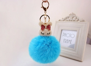 Détail du porte-clés lapin en fourrure bleue avec tête en perles et fermoir doré