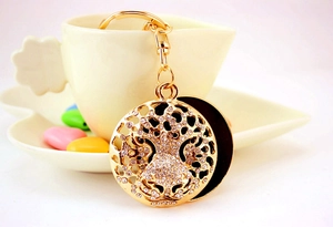 Macro shot of sparkling rhinestone leopard head pendant with gold lobster clasp for bags