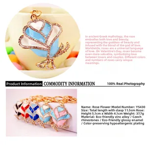 Detail showing colorful enamel rose keychains with sparkling rhinestones and alloy plating