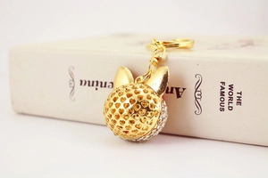 Detail of golden heart-pattern hollow rabbit keychain with sparkling white rhinestones