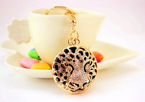 Detail of crystal leopard head keychain with gold plating and sparkling rhinestones