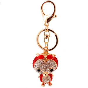 Cute duck owl keychain pendant with red and white rhinestones and golden lobster clasp