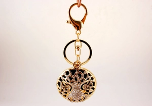 Close-up of golden leopard head keychain featuring sparkling rhinestones and cutout details