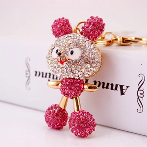 Pink and white crystal mouse keychain with gold alloy finish and sparkling rhinestones