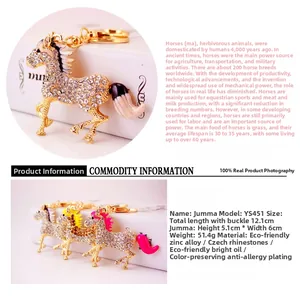 Detailed view of rhinestone horse keychain with 12.1cm length and size specifications