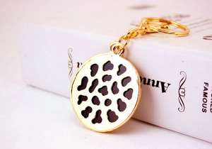 Detailed view of golden leopard print keychain with hollow spots and spring clasp
