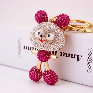 Sparkling crystal mouse keychain with pink and white rhinestones on gold-tone base