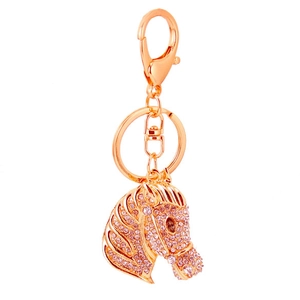 Pink rhinestone horse head keychain in rose gold plating with lobster clasp for bags
