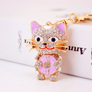 Golden fortune cat keychain with crystal rhinestones and lucky coin charm for handbags