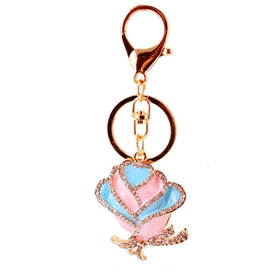 Sparkling rhinestone rose flower keychain with pink blue enamel and golden lobster clasp