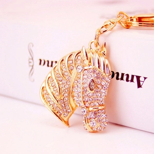 Sparkling rhinestone horse head keychain with gold-plated metal ring for handbag charm