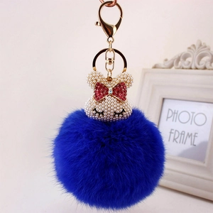 Porte-clés mignon pompon bleu en fausse fourrure avec tête de lapin en perles et fermoir doré
