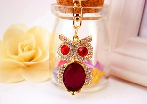 Detailed close-up of crystal owl keychain with red gemstone and sparkling rhinestones