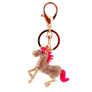 Sparkling crystal horse keychain with pink mane and gold alloy for women handbag accessories