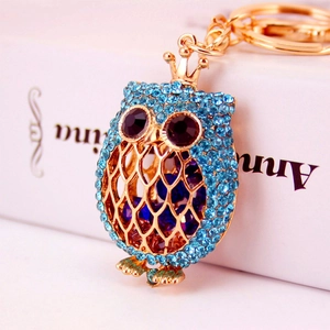 Süßer Eulen-Schlüsselanhänger mit blauen Kristallen und Goldverzierung für Damenhandtaschen