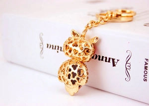 Detailed view of golden owl keychain with hollow metal pattern and heart-shaped texture