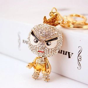 Porte-clés personnage de dessin animé en strass doré pour pendentif de sac à main