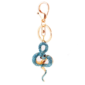 Porte-clés serpent doré avec cristaux bleu clair étincelants et fermoir mousqueton